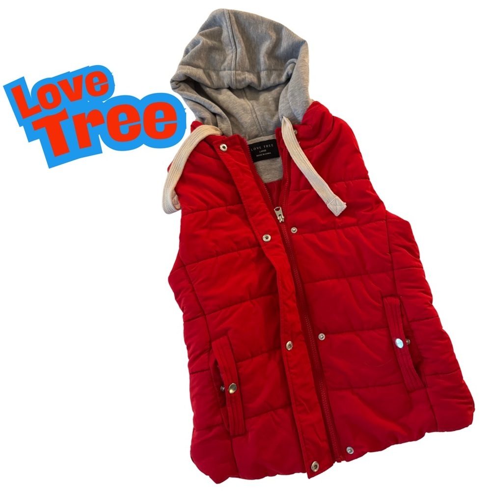 Love Tree Kids Red Puffer Vest with Grey Hood Size Large 8848VS Quilted Zip Snap